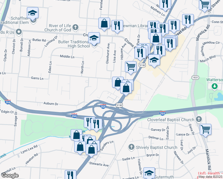 map of restaurants, bars, coffee shops, grocery stores, and more near 1905 Neville Drive in Louisville