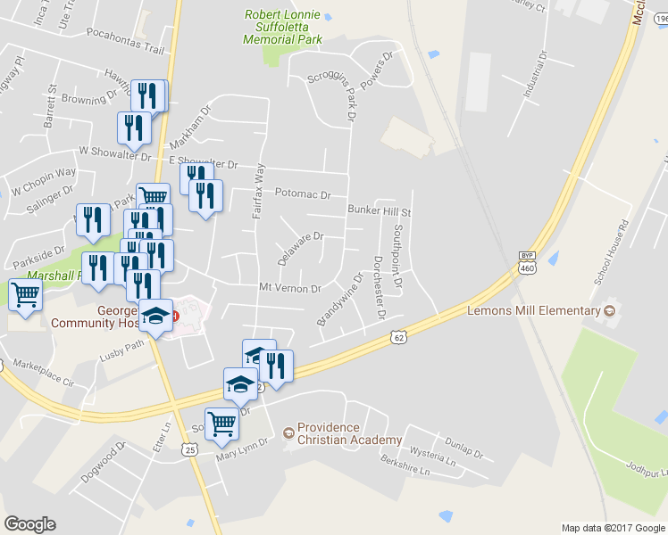 map of restaurants, bars, coffee shops, grocery stores, and more near 1331 Mount Vernon Drive in Georgetown