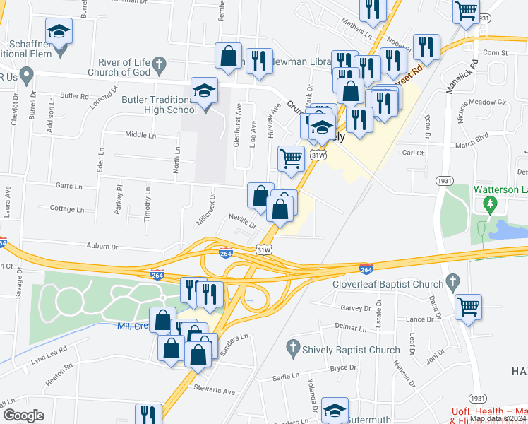 map of restaurants, bars, coffee shops, grocery stores, and more near 4213 Hillview Avenue in Louisville