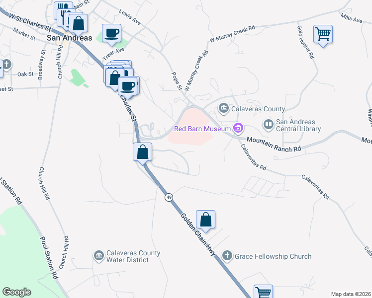 map of restaurants, bars, coffee shops, grocery stores, and more near 430 Toyon Court in San Andreas