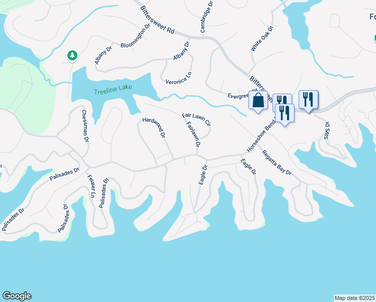 map of restaurants, bars, coffee shops, grocery stores, and more near 935-937 Horseshoe Bend Parkway in Village of Four Seasons