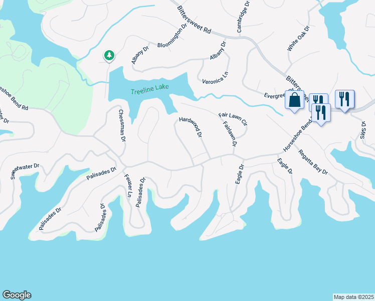 map of restaurants, bars, coffee shops, grocery stores, and more near 400-498 Hardwood Drive in Village of Four Seasons