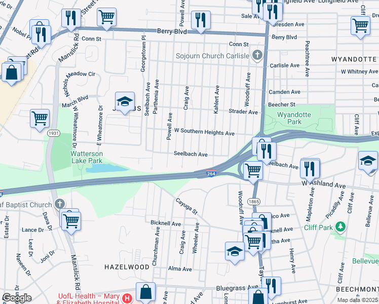 map of restaurants, bars, coffee shops, grocery stores, and more near 3779 Seelbach Avenue in Louisville