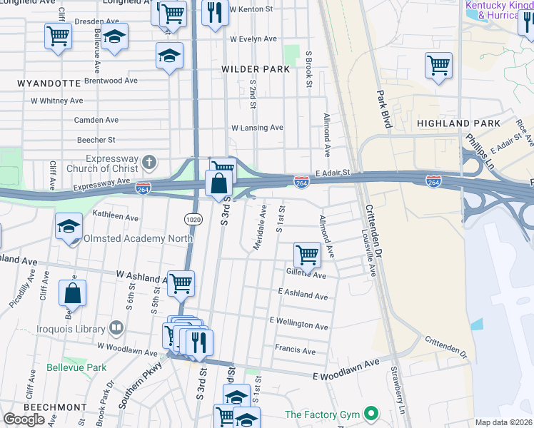 map of restaurants, bars, coffee shops, grocery stores, and more near 4509 Meridale Avenue in Louisville