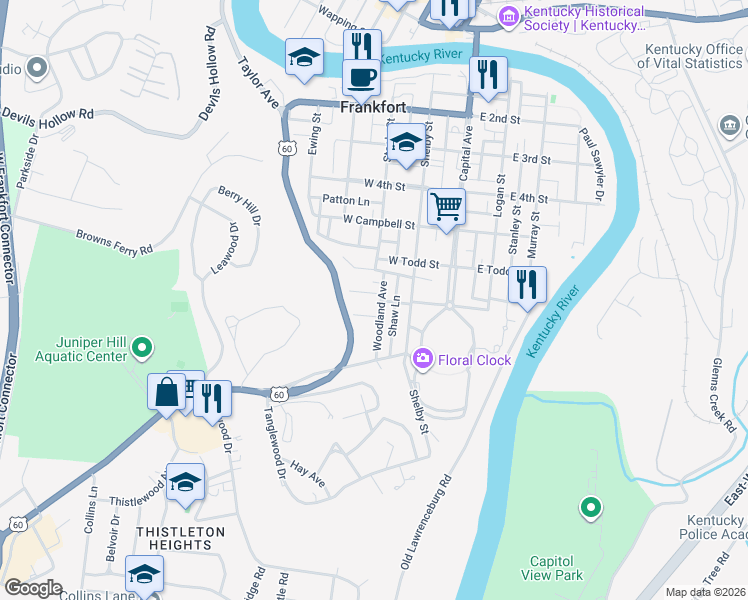 map of restaurants, bars, coffee shops, grocery stores, and more near 15 Dogwood Lane in Frankfort