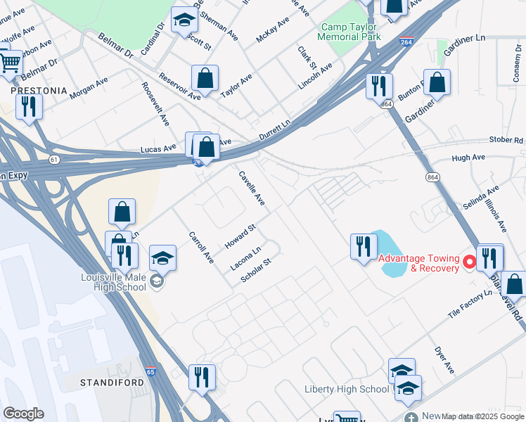 map of restaurants, bars, coffee shops, grocery stores, and more near 4342 Cavelle Avenue in Louisville