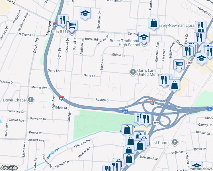 map of restaurants, bars, coffee shops, grocery stores, and more near 4312 Parkay Place in Louisville