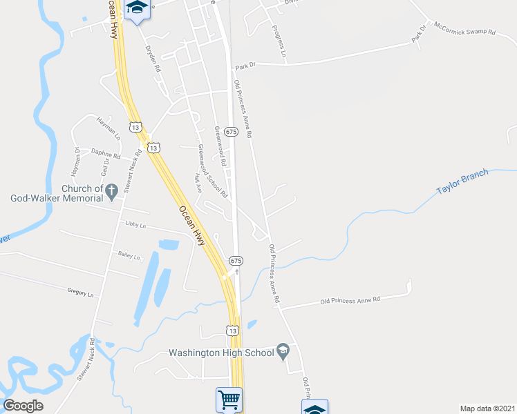 map of restaurants, bars, coffee shops, grocery stores, and more near 11210 Old Princess Anne Road in Princess Anne