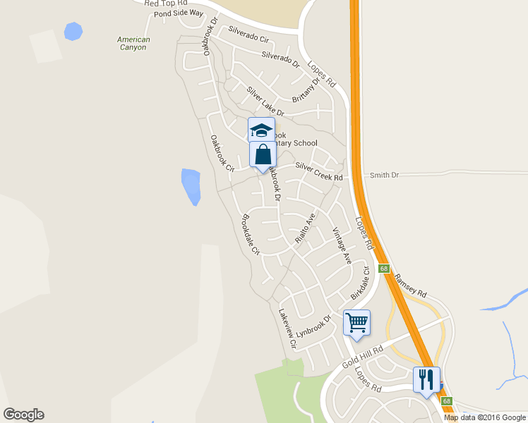 map of restaurants, bars, coffee shops, grocery stores, and more near 5078 Brookdale Circle in Fairfield