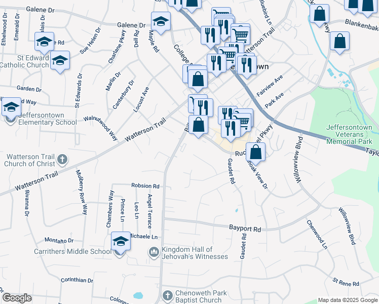 map of restaurants, bars, coffee shops, grocery stores, and more near 3900 Vantage Place in Jeffersontown