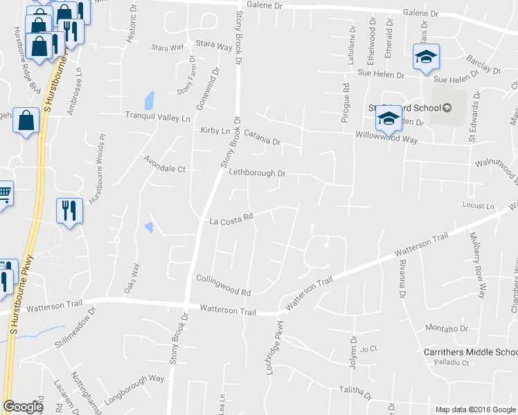 map of restaurants, bars, coffee shops, grocery stores, and more near 8921 La Costa Road in Jeffersontown