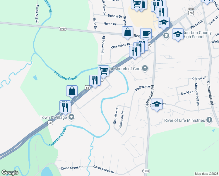 map of restaurants, bars, coffee shops, grocery stores, and more near 105 Bourbon Hills Drive in Paris