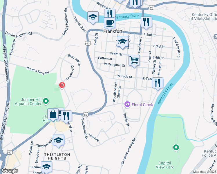 map of restaurants, bars, coffee shops, grocery stores, and more near 15 Dogwood Lane in Frankfort