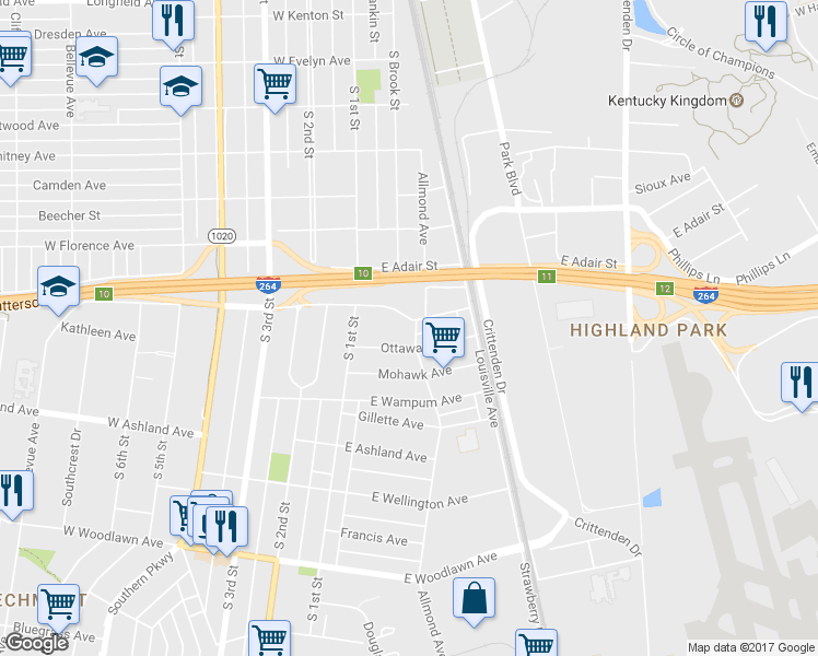 map of restaurants, bars, coffee shops, grocery stores, and more near 130 East Southern Heights Avenue in Louisville