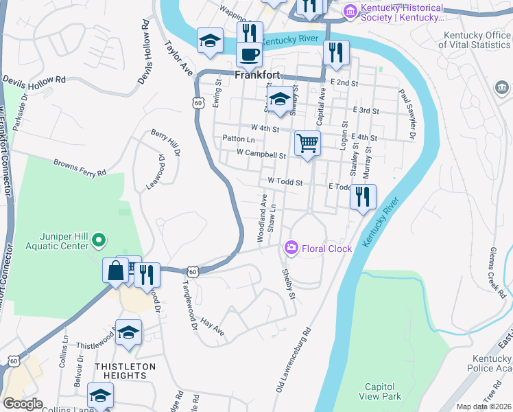 map of restaurants, bars, coffee shops, grocery stores, and more near 15 Dogwood Lane in Frankfort