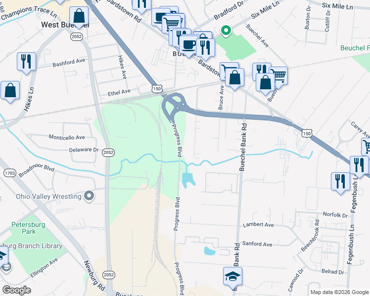 map of restaurants, bars, coffee shops, grocery stores, and more near 4213 Progress Boulevard in Louisville