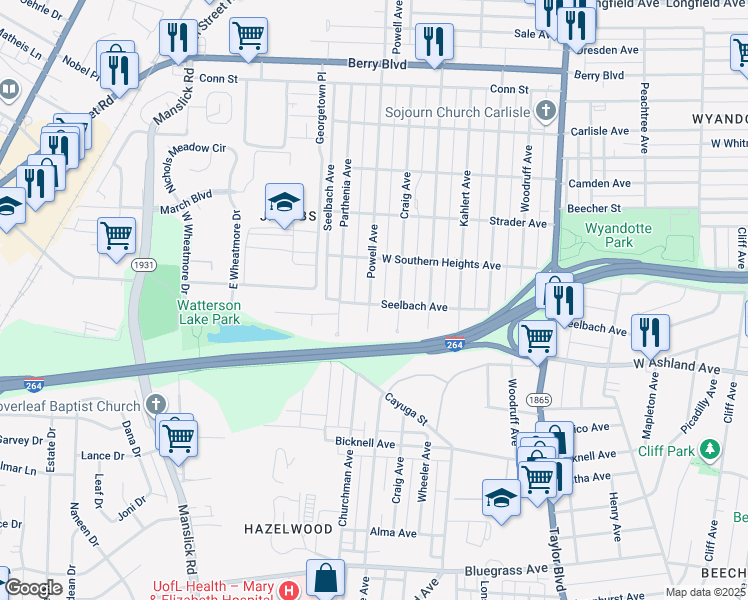 map of restaurants, bars, coffee shops, grocery stores, and more near 3767 Powell Avenue in Louisville
