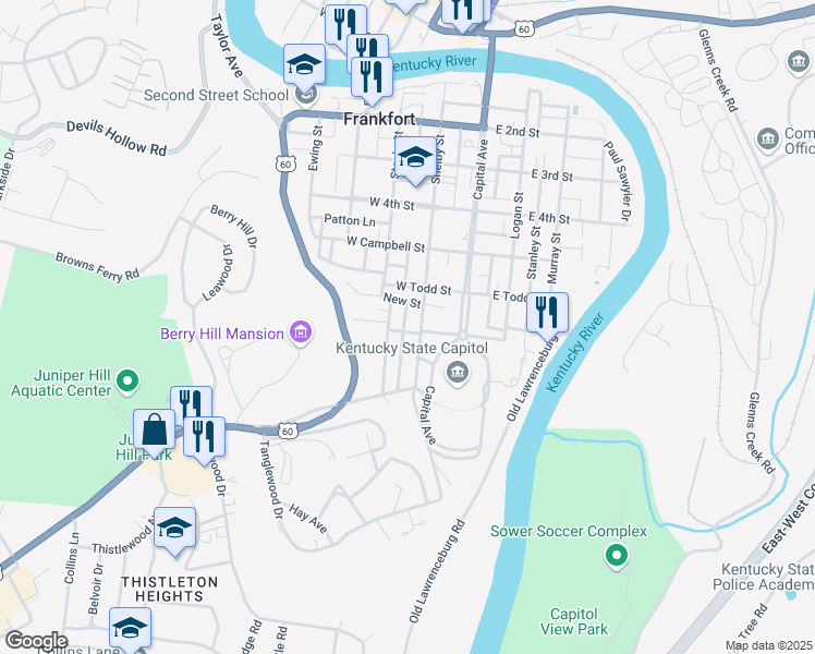 map of restaurants, bars, coffee shops, grocery stores, and more near 210 West State Street in Frankfort