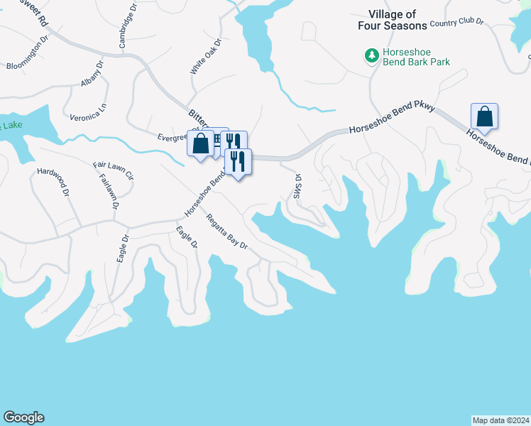 map of restaurants, bars, coffee shops, grocery stores, and more near 112 Bristol Bay Court in Lake Ozark