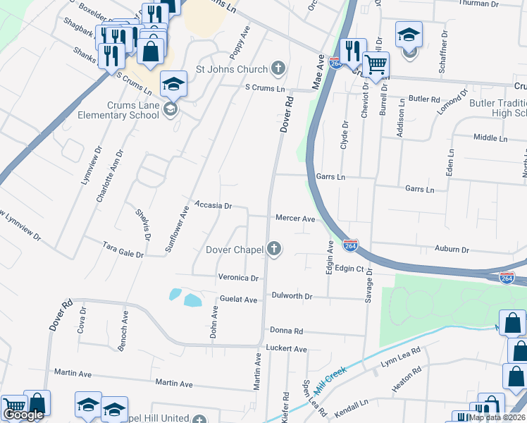 map of restaurants, bars, coffee shops, grocery stores, and more near 4218 Dover Road in Louisville