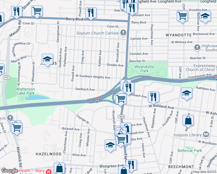 map of restaurants, bars, coffee shops, grocery stores, and more near 3761 Lentz Avenue in Louisville