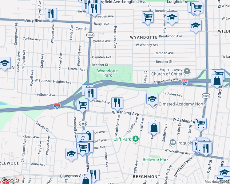map of restaurants, bars, coffee shops, grocery stores, and more near 1021 Navaho Place in Louisville