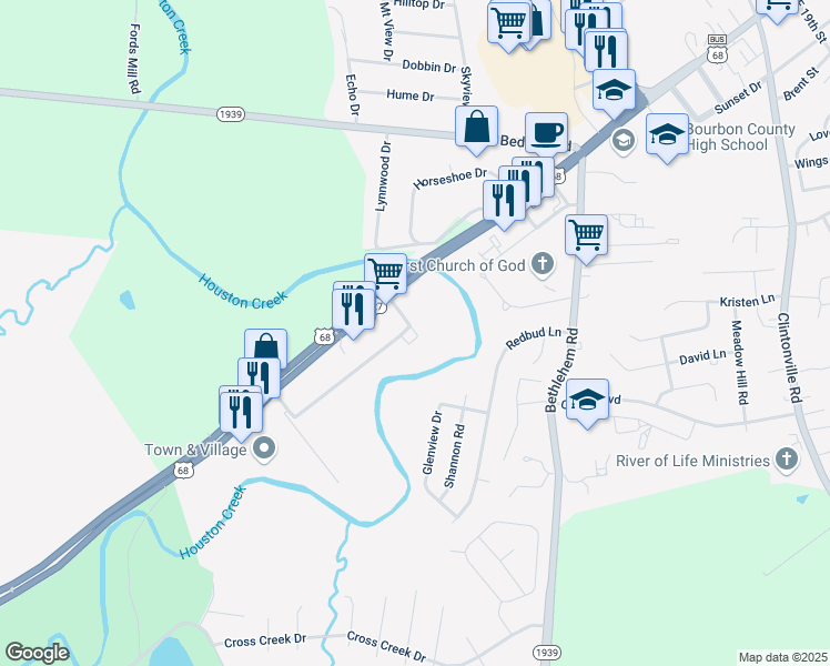 map of restaurants, bars, coffee shops, grocery stores, and more near 105 Bourbon Hills Drive in Paris