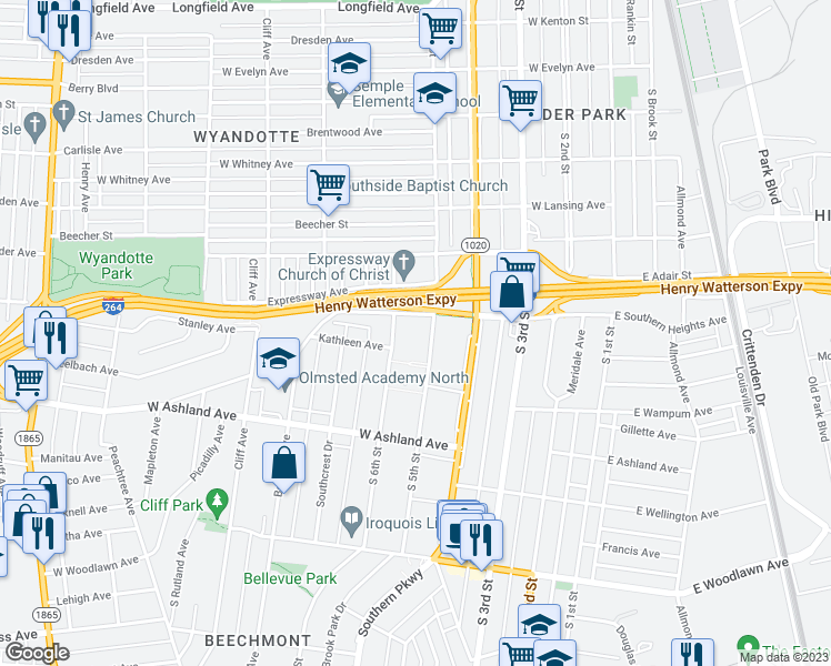 map of restaurants, bars, coffee shops, grocery stores, and more near 4512 South 5th Street in Louisville