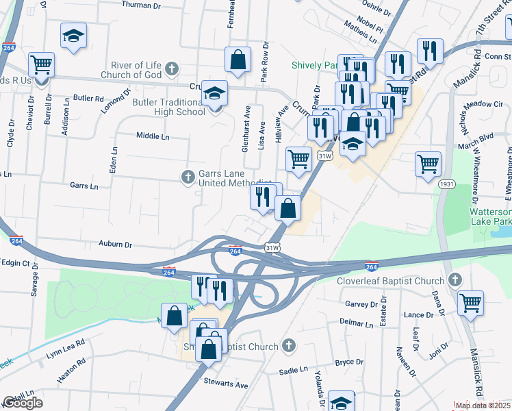 map of restaurants, bars, coffee shops, grocery stores, and more near 1905 Neville Drive in Louisville
