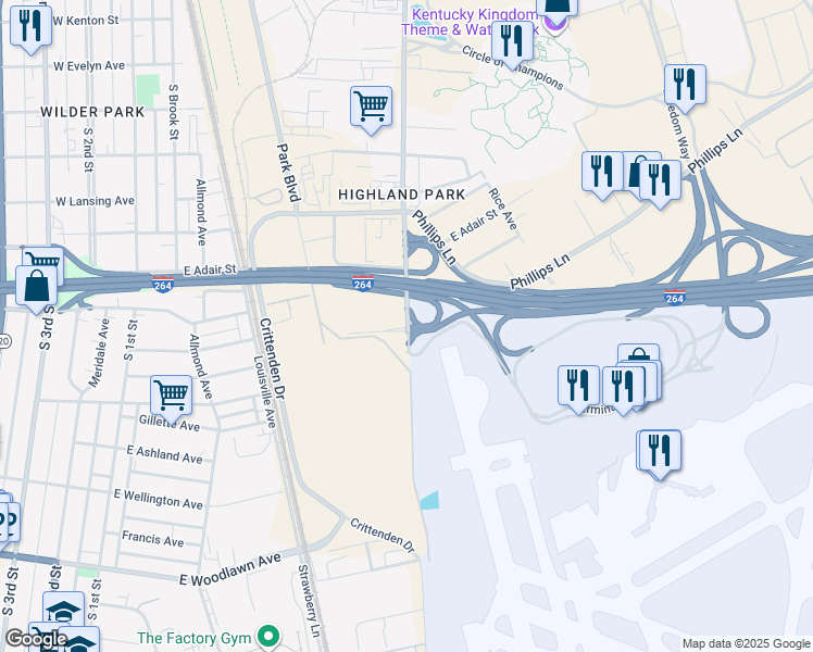 map of restaurants, bars, coffee shops, grocery stores, and more near in Louisville