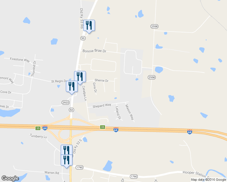 map of restaurants, bars, coffee shops, grocery stores, and more near 499 Thomas Way in Shelbyville