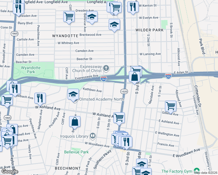 map of restaurants, bars, coffee shops, grocery stores, and more near 4512 South 5th Street in Louisville