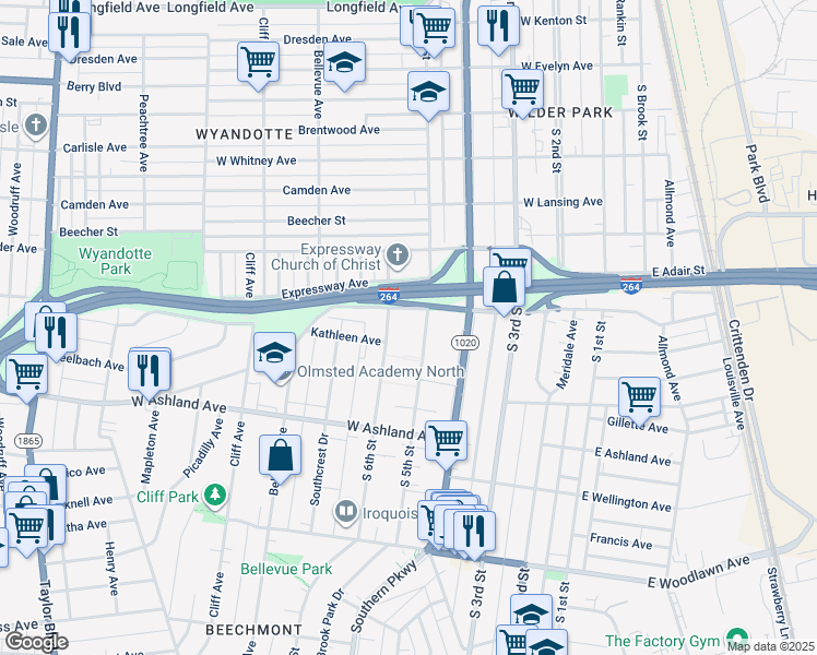 map of restaurants, bars, coffee shops, grocery stores, and more near 4501 South 6th Street in Louisville