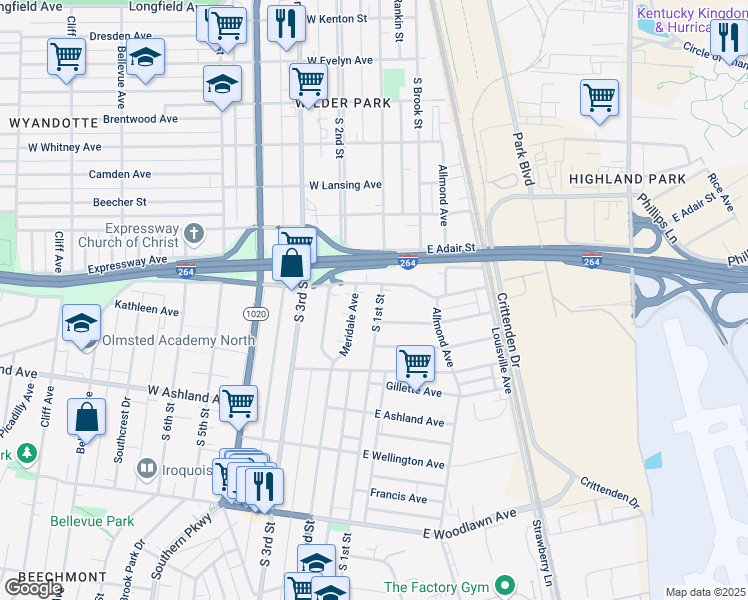 map of restaurants, bars, coffee shops, grocery stores, and more near 4508 South 1st Street in Louisville