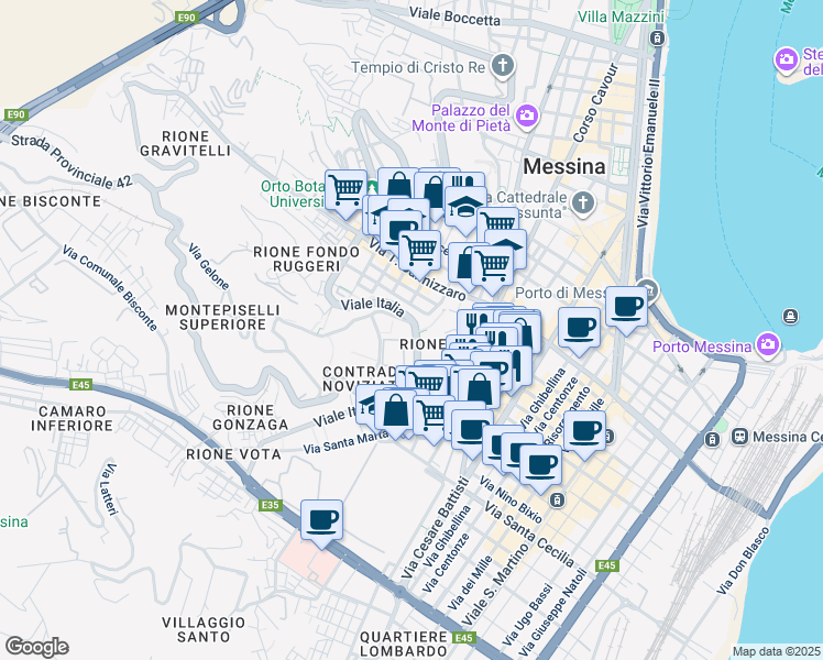 map of restaurants, bars, coffee shops, grocery stores, and more near 147 Viale Italia in Messina