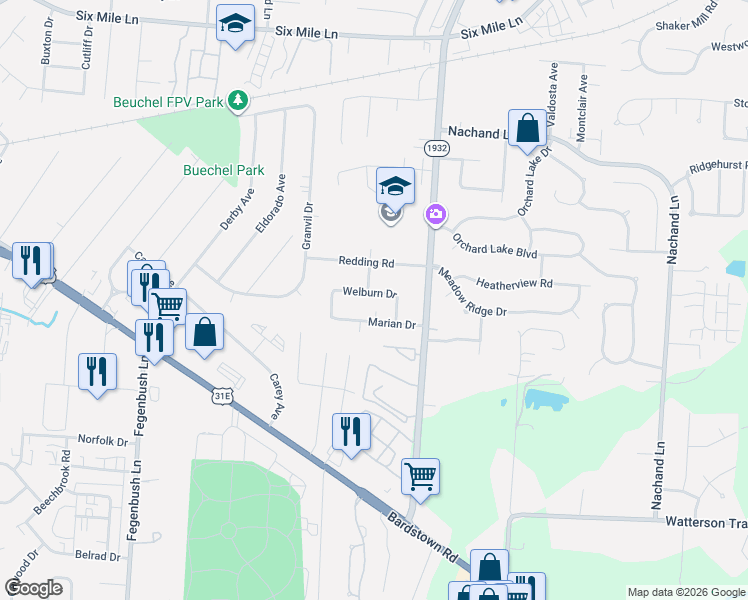 map of restaurants, bars, coffee shops, grocery stores, and more near 200 Marian Drive in Louisville