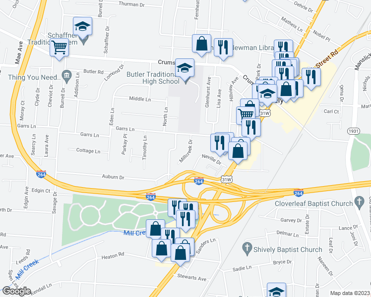 map of restaurants, bars, coffee shops, grocery stores, and more near 4115 Millcreek Drive in Louisville