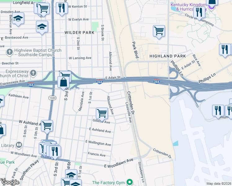map of restaurants, bars, coffee shops, grocery stores, and more near 227 Ottawa Avenue in Louisville