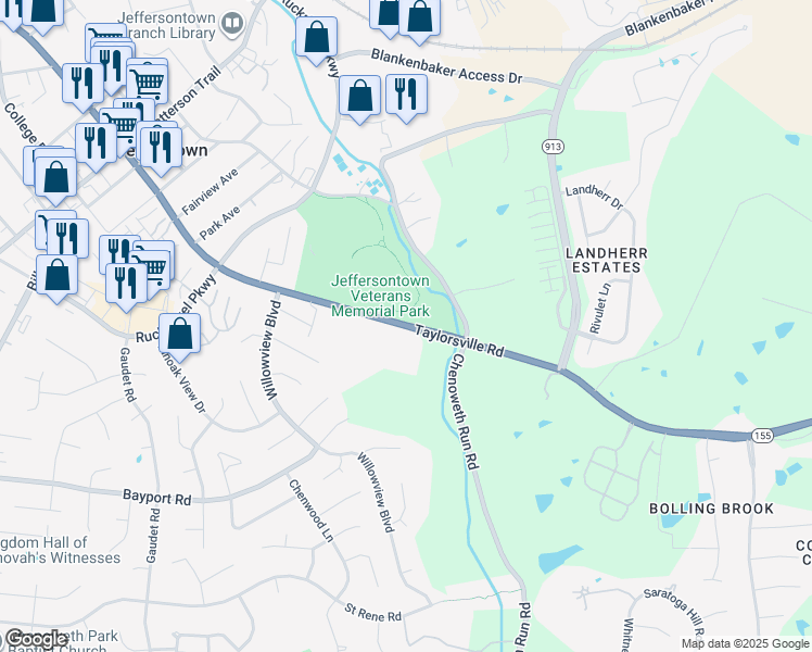 map of restaurants, bars, coffee shops, grocery stores, and more near 10631 Taylorsville Road in Jeffersontown