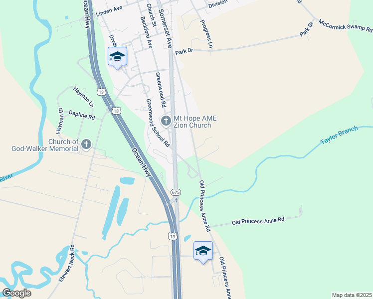 map of restaurants, bars, coffee shops, grocery stores, and more near 11210 Old Princess Anne Road in Princess Anne