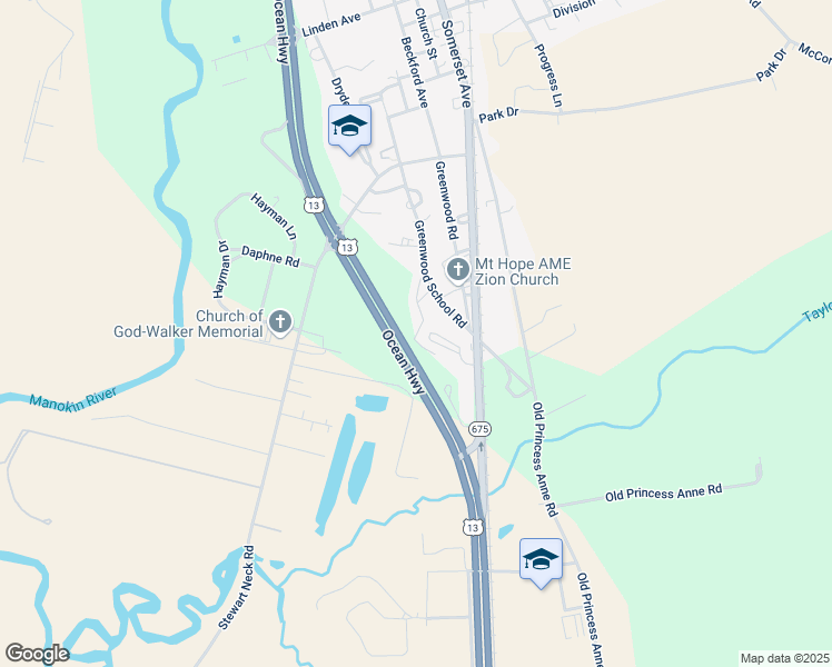 map of restaurants, bars, coffee shops, grocery stores, and more near 11226 Hall Avenue in Princess Anne