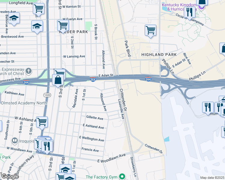 map of restaurants, bars, coffee shops, grocery stores, and more near 227 Ottawa Avenue in Louisville