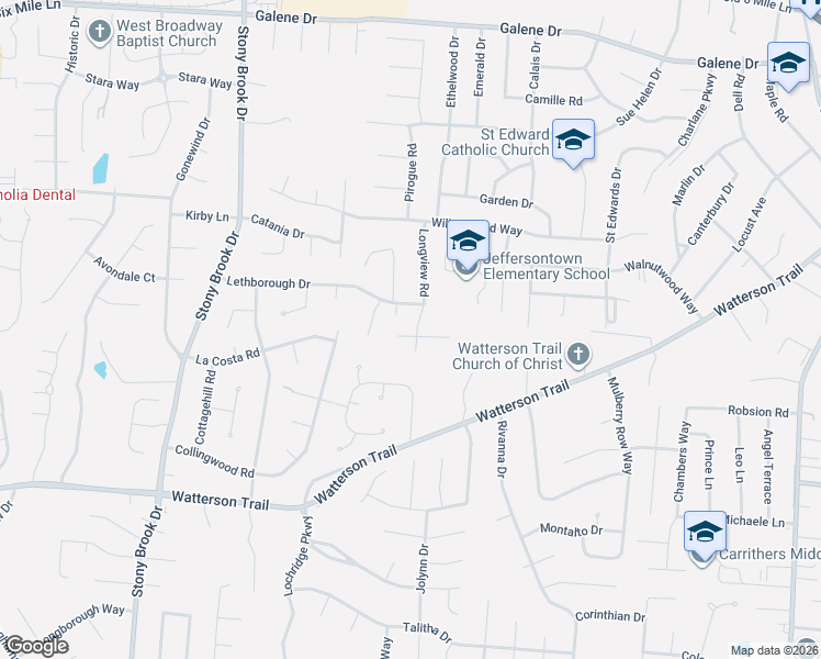 map of restaurants, bars, coffee shops, grocery stores, and more near 9302 Le Beau Court in Jeffersontown