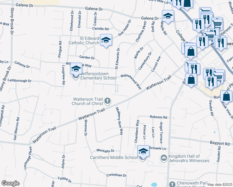 map of restaurants, bars, coffee shops, grocery stores, and more near 3900 Saint Edwards Drive in Jeffersontown