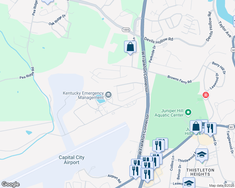 map of restaurants, bars, coffee shops, grocery stores, and more near 305 Juniper Drive in Frankfort