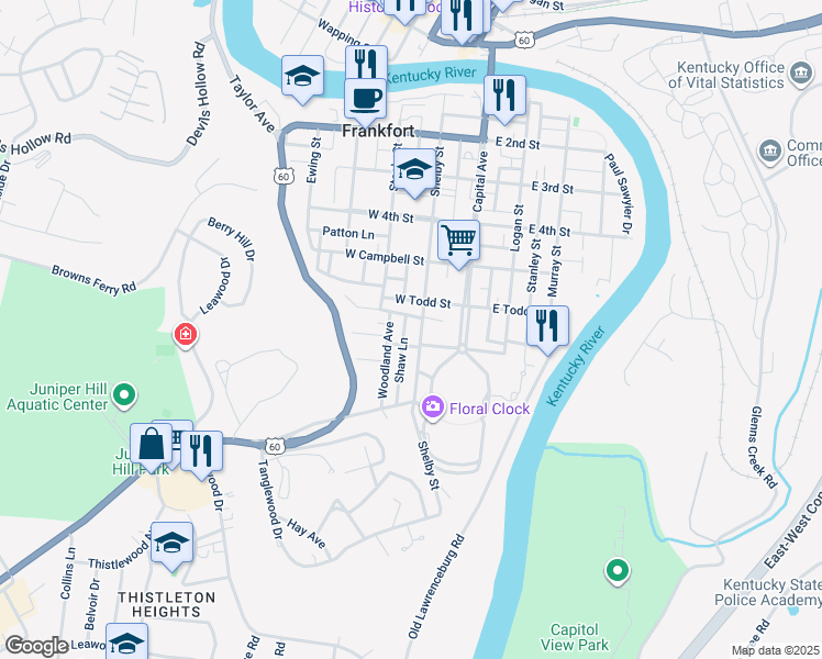 map of restaurants, bars, coffee shops, grocery stores, and more near 210 West State Street in Frankfort