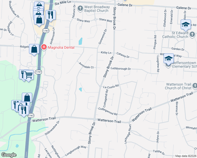 map of restaurants, bars, coffee shops, grocery stores, and more near 4003 Kirby Lane in Louisville
