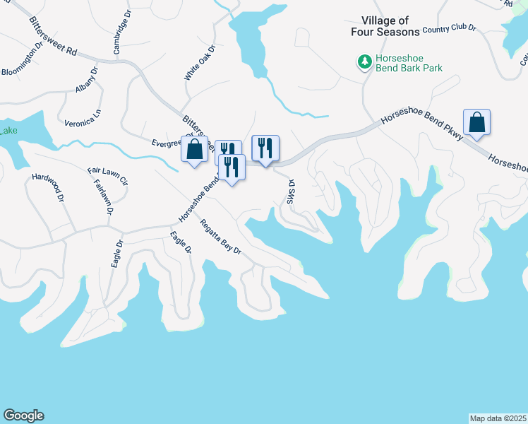 map of restaurants, bars, coffee shops, grocery stores, and more near 112 Bristol Bay Court in Lake Ozark