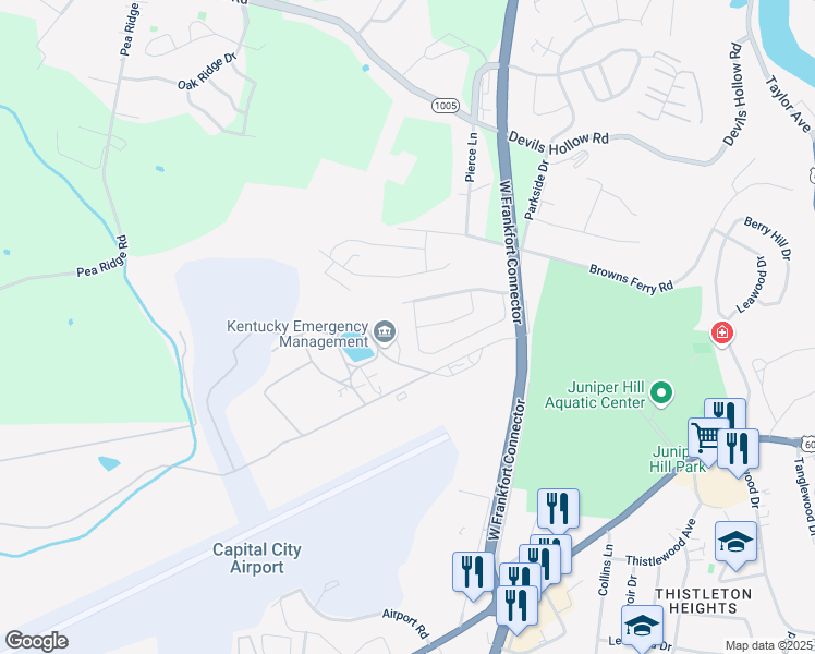 map of restaurants, bars, coffee shops, grocery stores, and more near 305 Juniper Drive in Frankfort