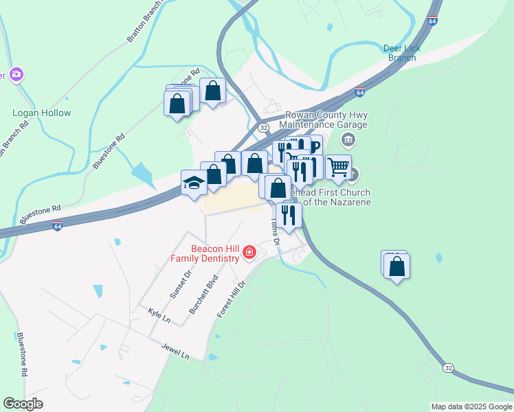 map of restaurants, bars, coffee shops, grocery stores, and more near Pinecrest Drive in Morehead